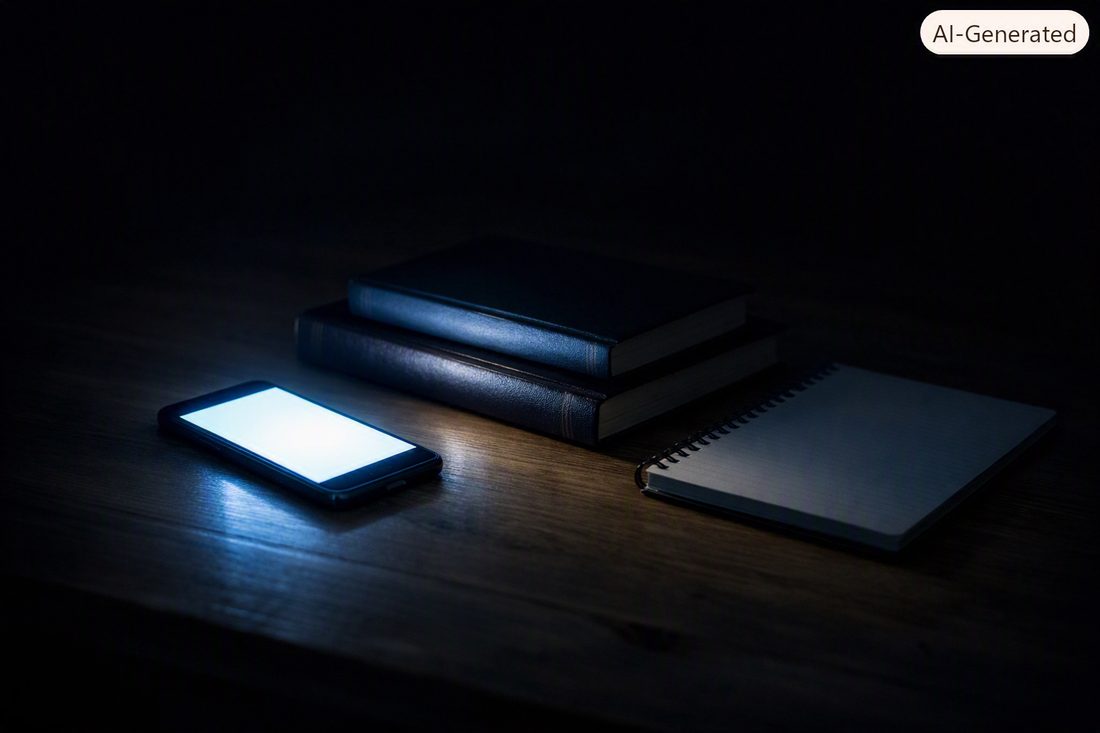Smartphone luminoso nel buio accanto a libri chiusi — tecnologia e attenzione nei giovani