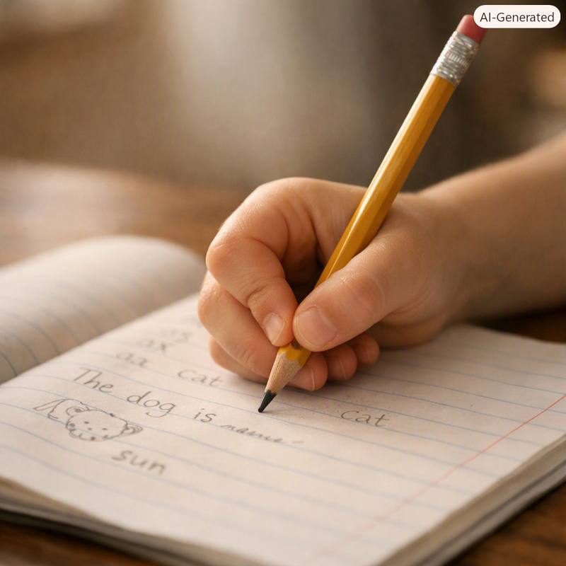 Mano di bambino che scrive su quaderno — DSA e ansia scolastica