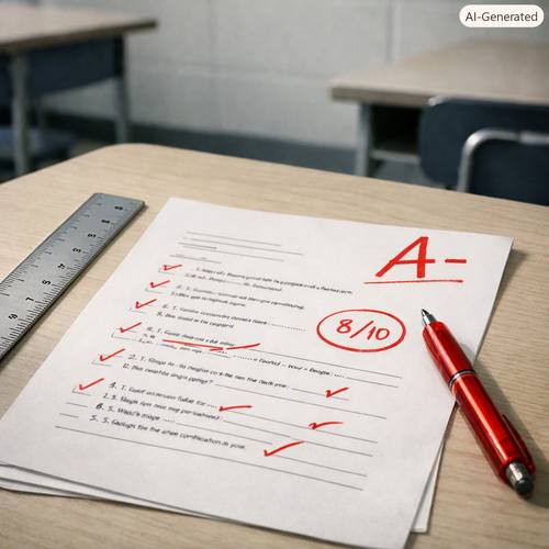 Compito corretto con voto rosso — pressione scolastica
