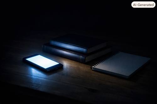 Smartphone luminoso nel buio accanto a libri — tecnologia e attenzione