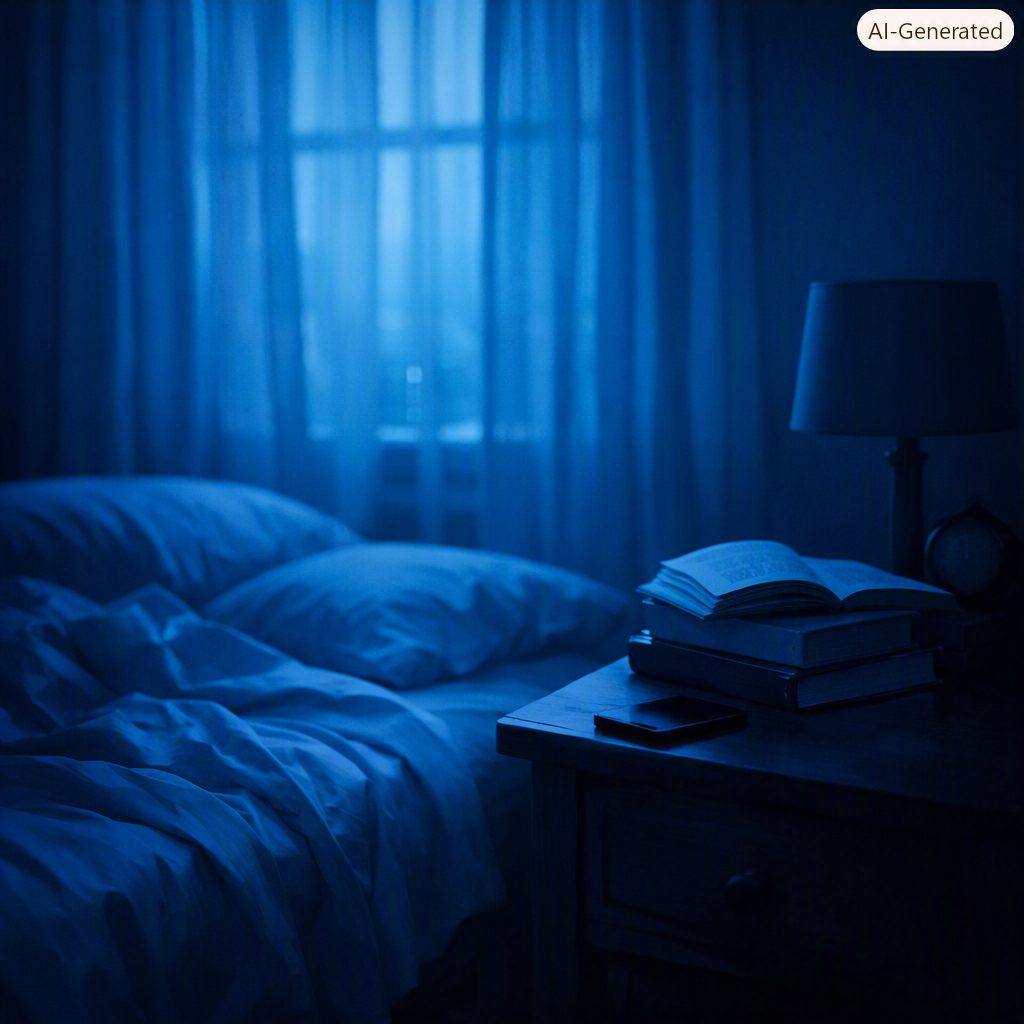 Camera da letto di notte con libri sul comodino — sonno e benessere in adolescenza