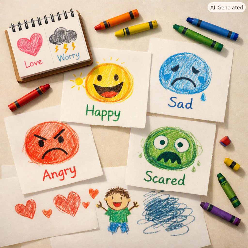 Disegni di emozioni su carta con pastelli — regolazione emotiva nei bambini con ADHD