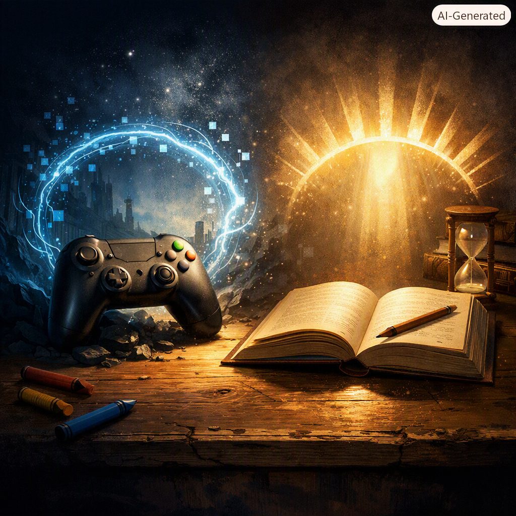 Controller videogioco accanto a libro aperto — attenzione ADHD e differenza tra gioco e studio