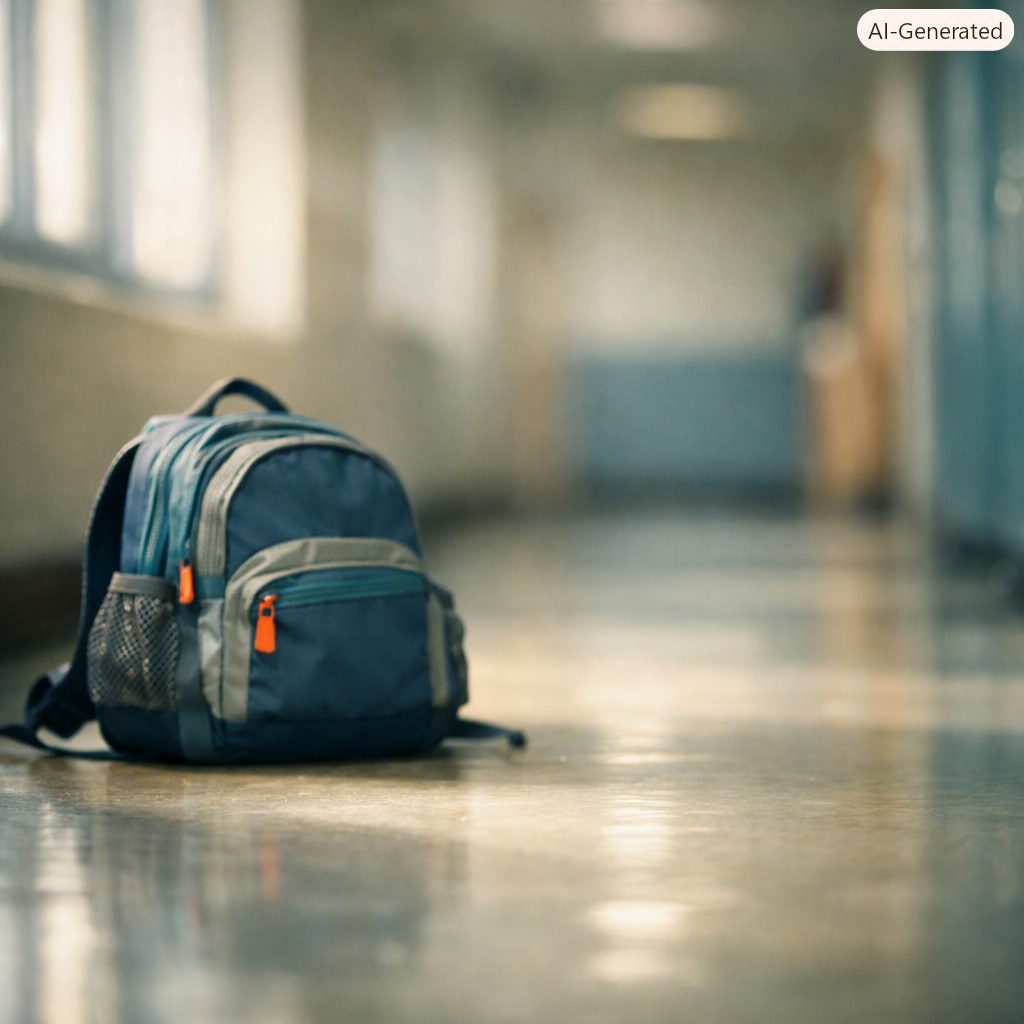 Zaino scolastico abbandonato nel corridoio — sofferenza psicologica nei bambini con DSA